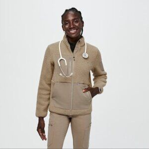 Figs on shift sherpa jacket in Latte